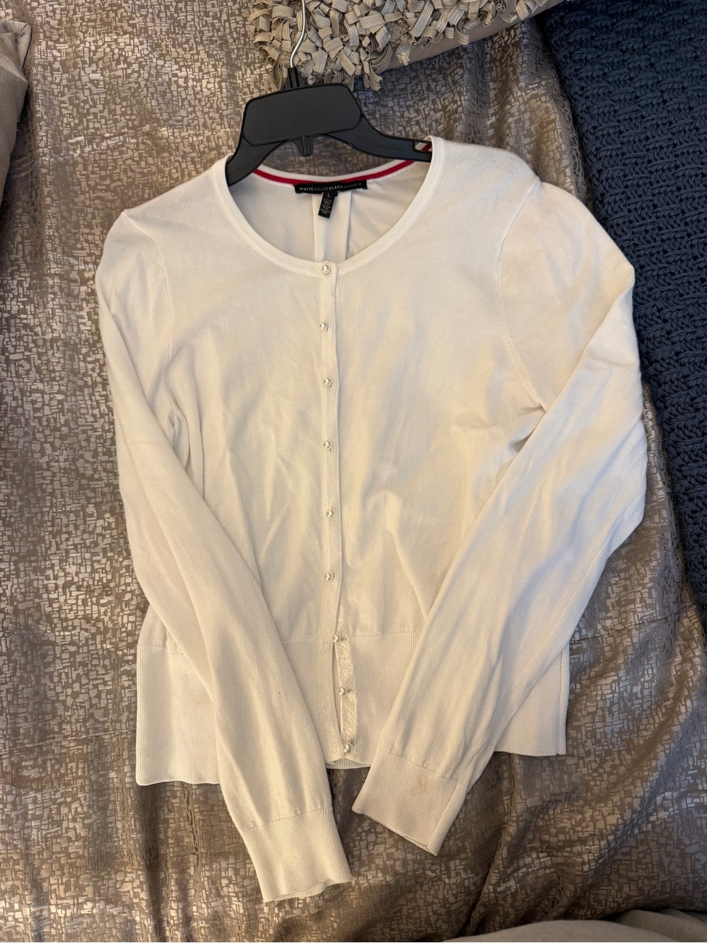 White House Black Market White Sweater with Red Neck Trim